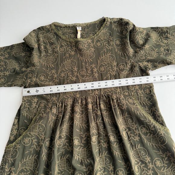 Uncle Frank Anthropologie Linen Blend Embroidered Brocade Olive Tunic Dress M - Picture 7 of 8